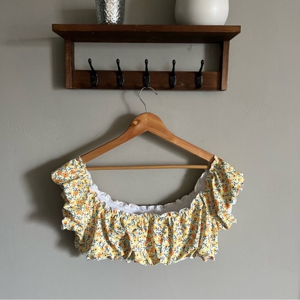 Yellow Floral Off The Shoulder Short Sleeve Peasant Summer Crop Top 2XL